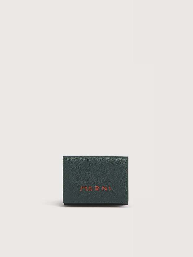 ディープグリーン レザー Marni Mending 刺繍 三つ折りウォレット - 財布