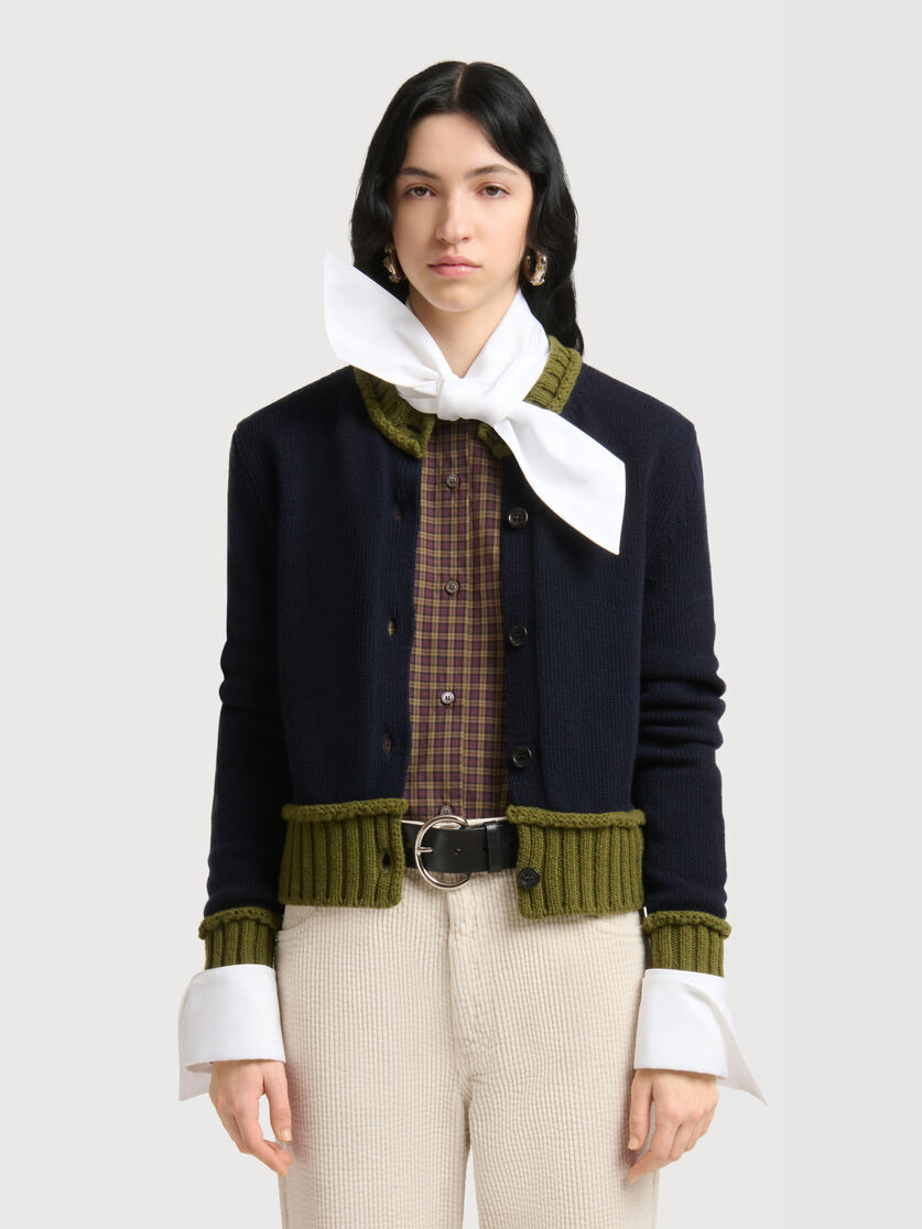 Deep blue wool blend cardigan with contrast trims, Image 2