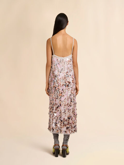 Pink mesh midi dress with mixed sequins - Dresses