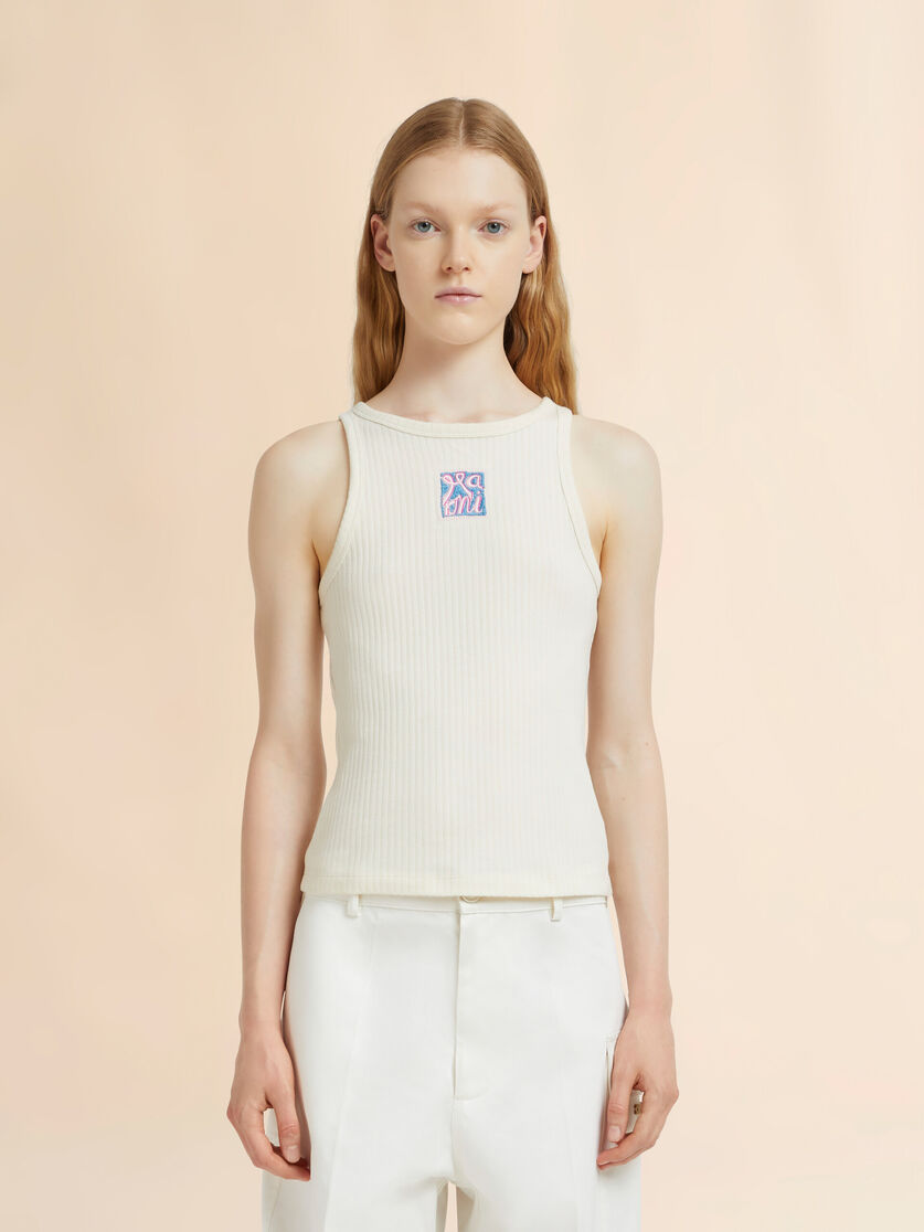 Cream ribbed cotton tank top with Marni Frame logo, Image 2