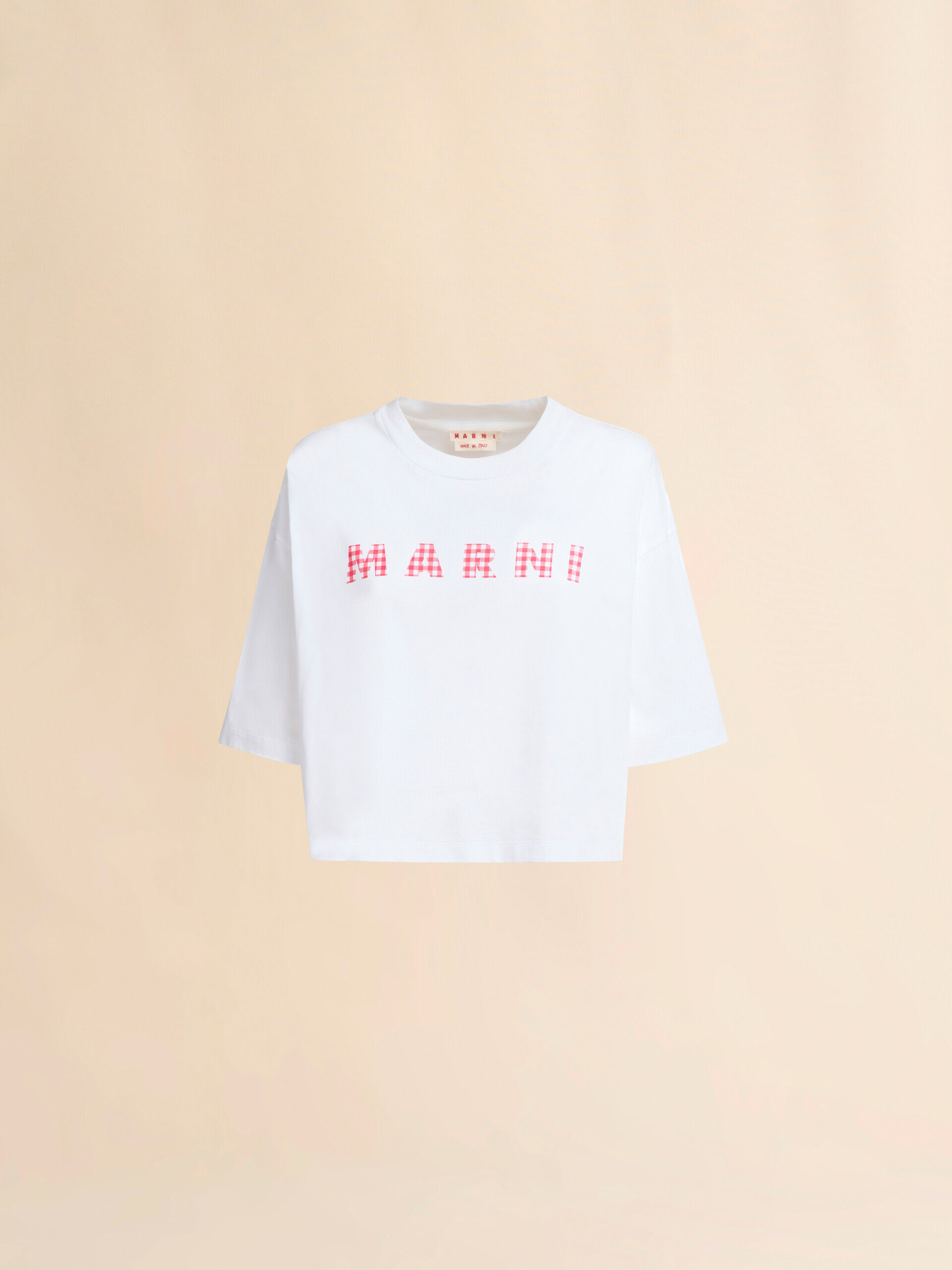 ホワイト ジャージーコットン製Tシャツ、チェックマルニロゴ入り