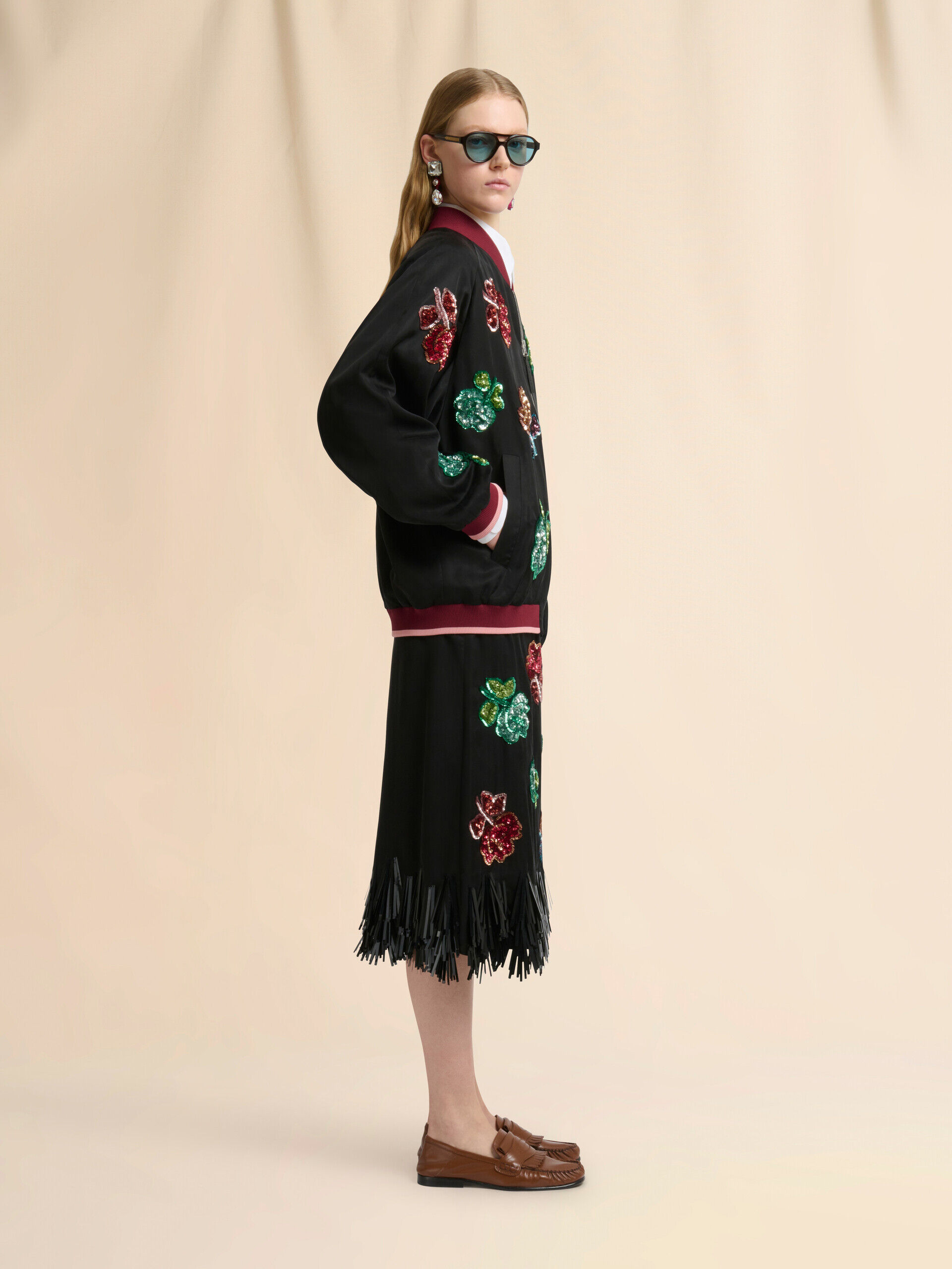 Black satin skirt with sequin flowers | Marni