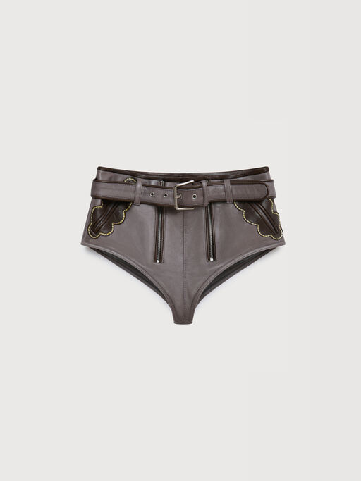 Grey leather hotpants with leaf pockets - Pants