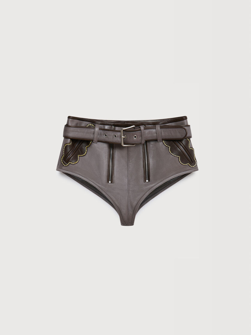 Grey leather hotpants with leaf pockets, Image 1