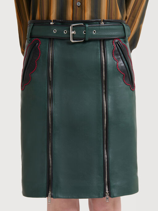 Deep green leather skirt with leaf pockets - Skirts