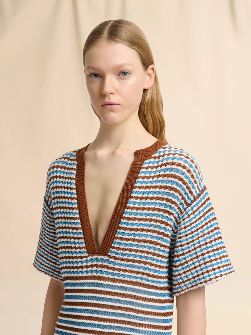 Brown and blue striped cotton crochet dress, Image 4