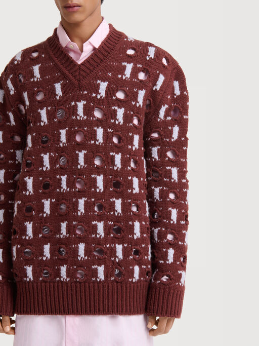 Brown wool-cashmere jumper with cut-out polka dots - Pullovers
