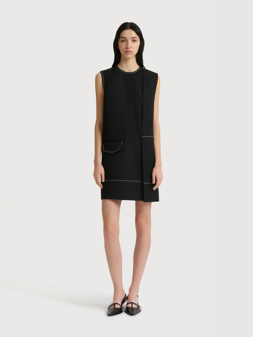 Black wool wrap-effect mini dress with pocket, Image 2