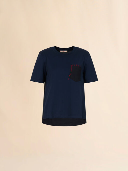 Deep blue cotton T-shirt with handstitched Marni logo - T-shirts