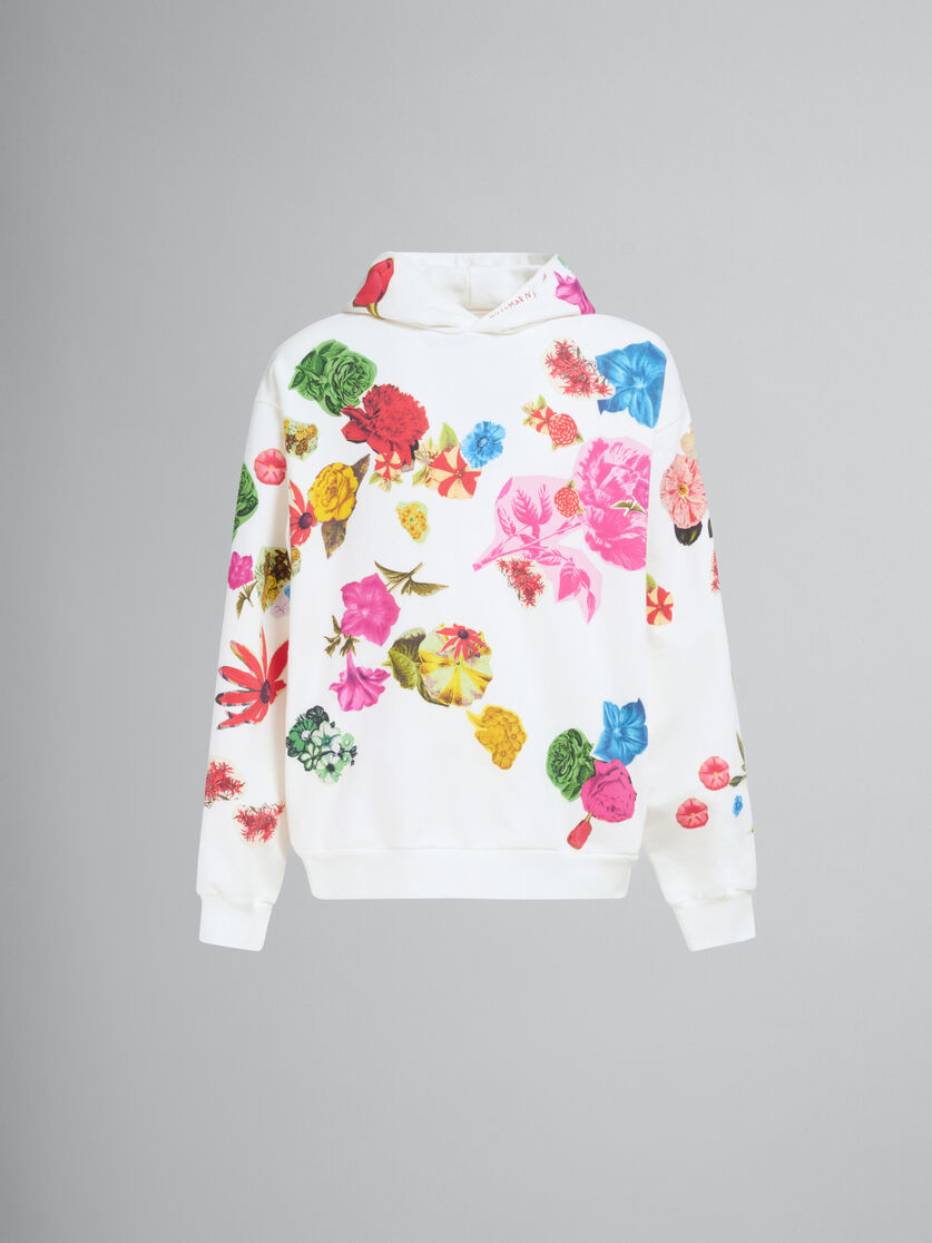 White cotton hoodie with flower prints - Sweaters - Image 1