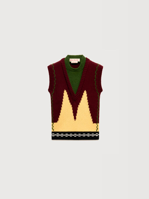 Burgundy wool layered vest with M intarsia - Pullovers