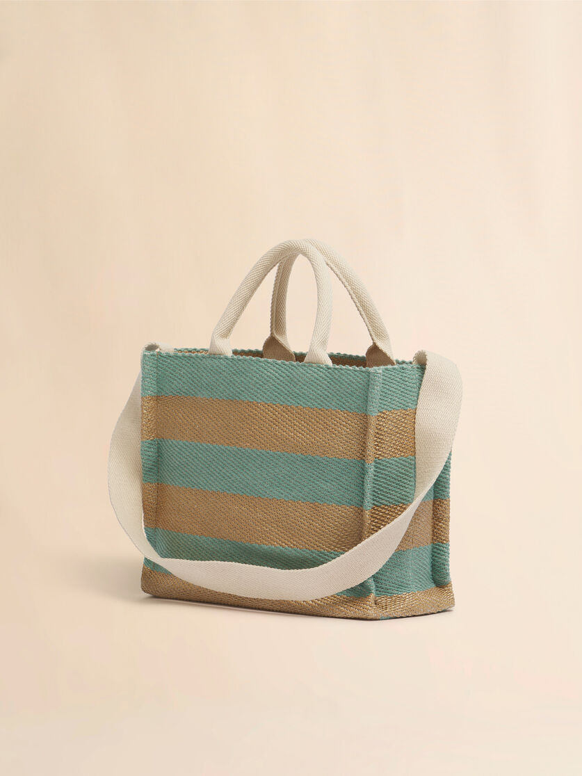 ブルー ナチュラル ストライプ柄ラフィアエフェクトスモール トートバッグ、刺繍ロゴ入り - ショッピングバッグ - Image 3