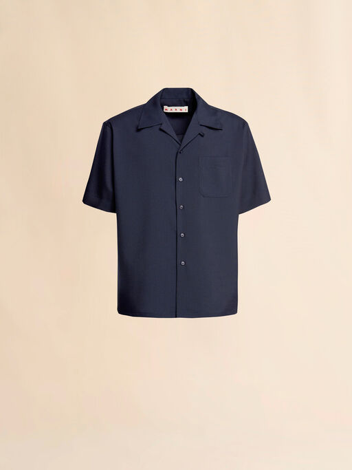 Dark blue tropical wool bowling shirt - Shirts