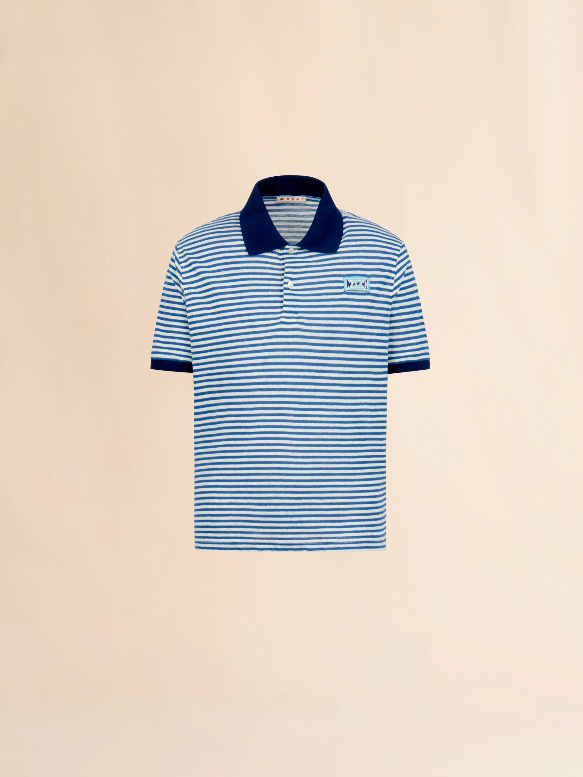 MARNI ネイビーとホワイト ストライプ ポロシャツ Blue striped linen blend polo shirt | Marni