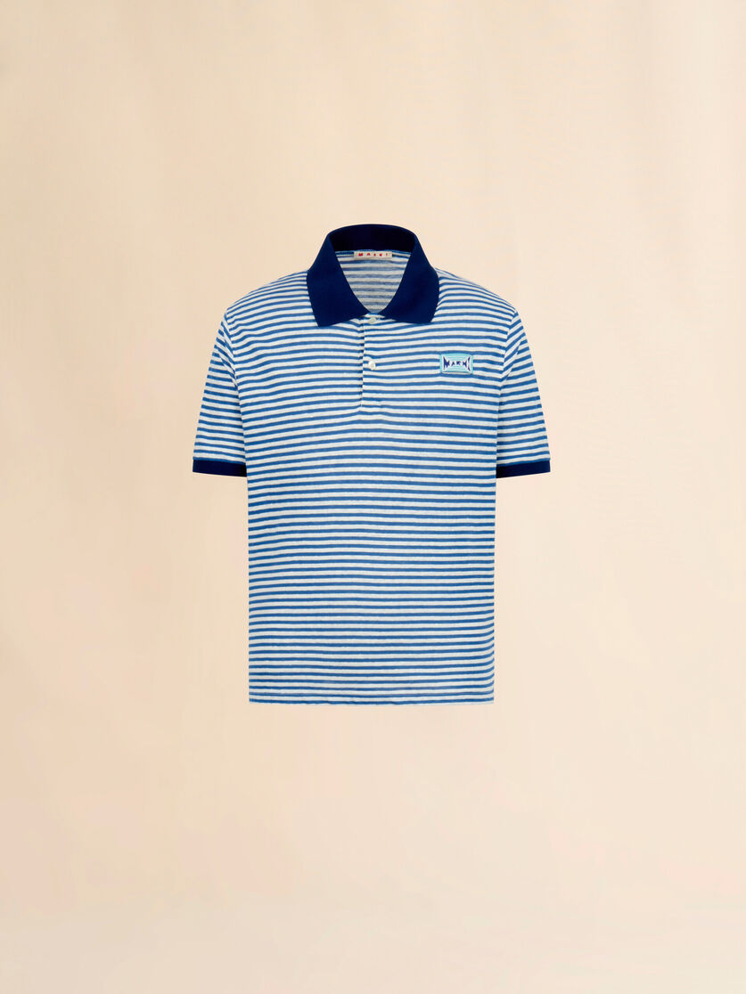 Blue striped linen blend polo shirt, Image 1