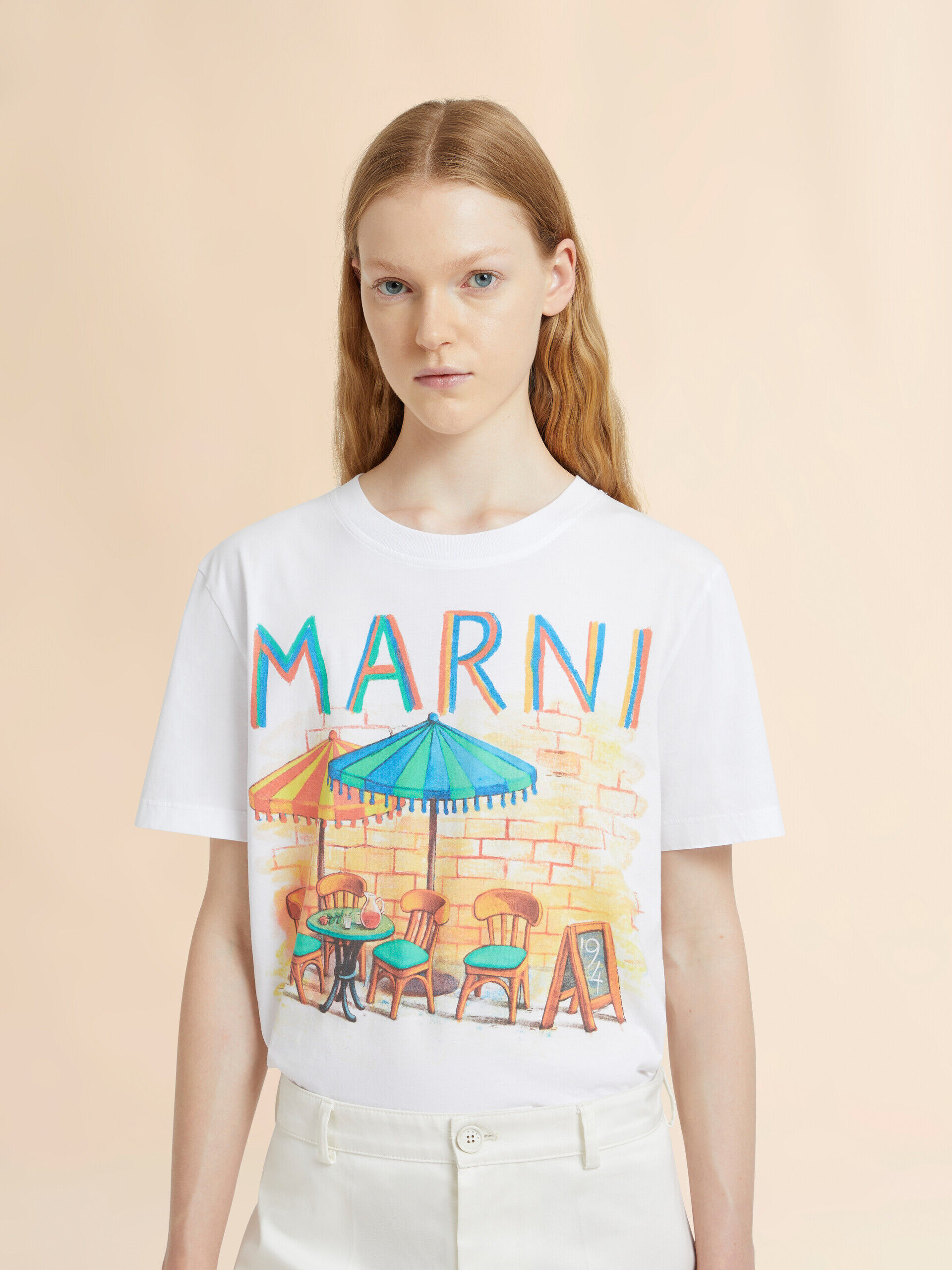 White cotton T-shirt with Marni Bar postcard print | Marni