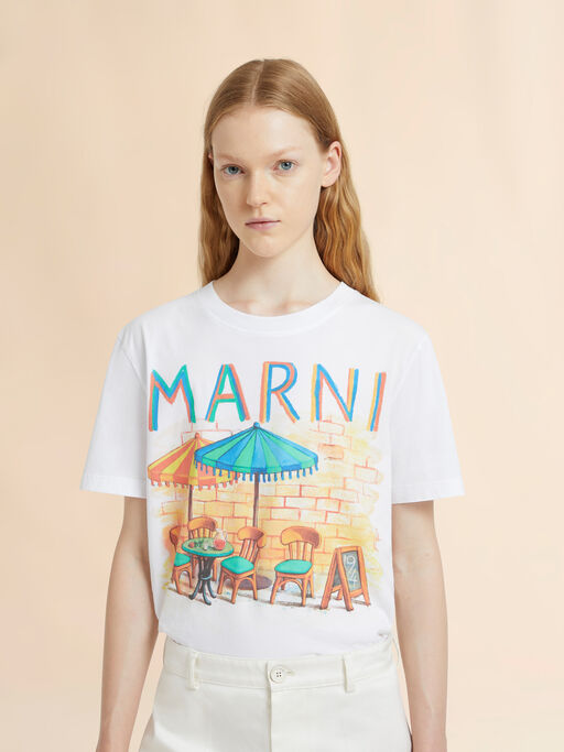 White cotton T-shirt with Marni Bar postcard print - T-shirts