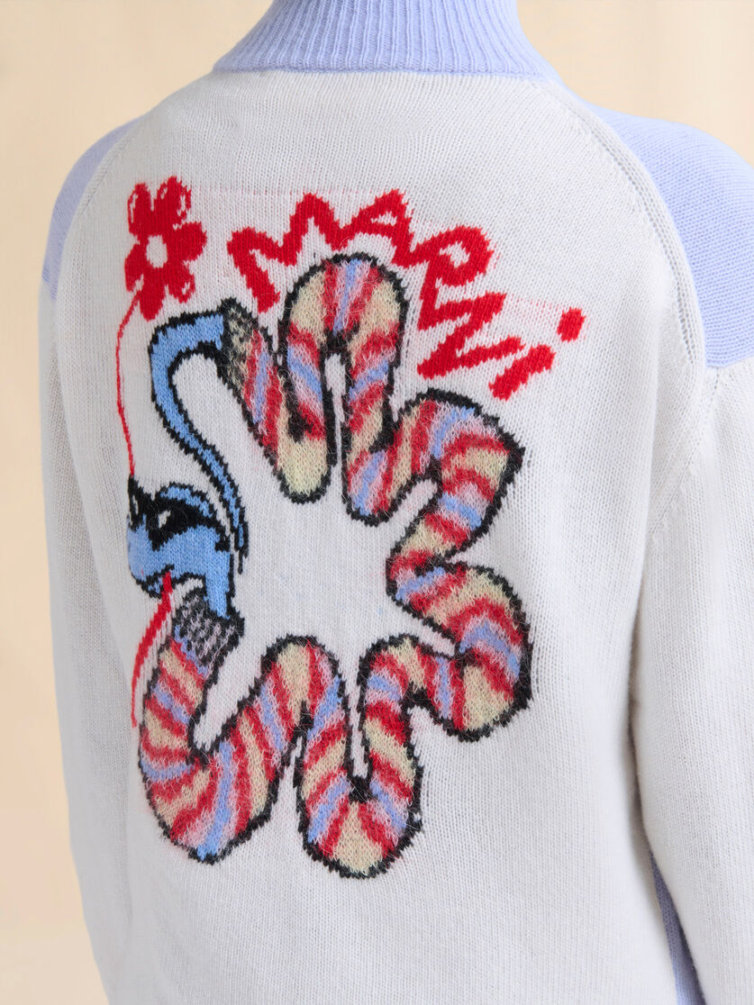 Light blue wool zip cardigan with jacquard snake - Pullovers - Image 4
