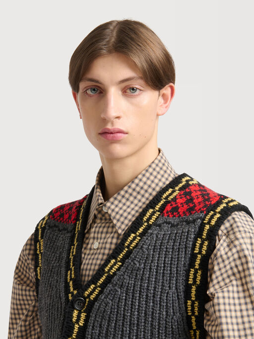 Grey wool button vest with geometric motif - Waistcoats