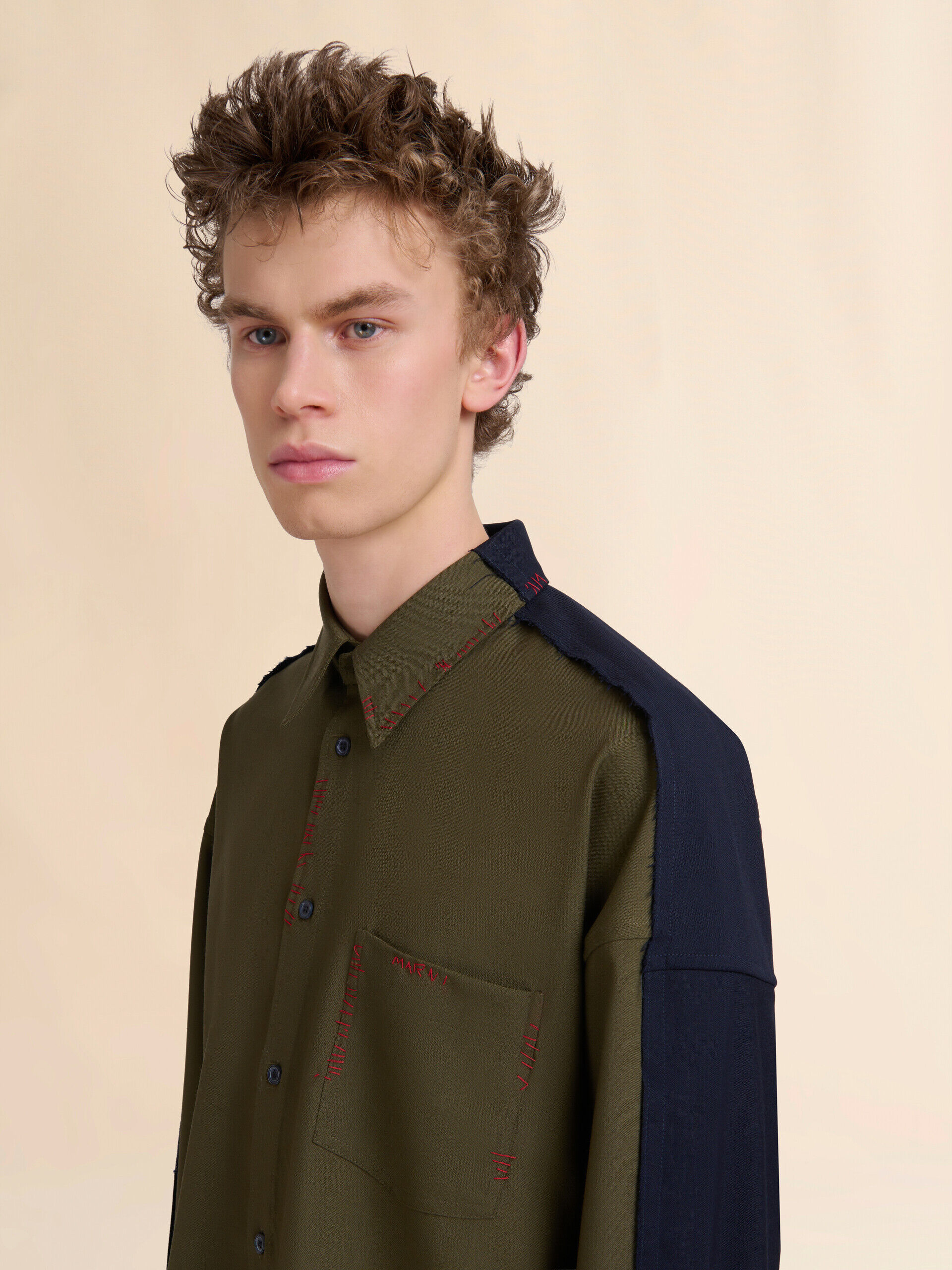 トップス MARNI TROPICAL WOOL S/S SHIRT GREEN 44 Deep green tropical wool shirt with contrast back | Marni