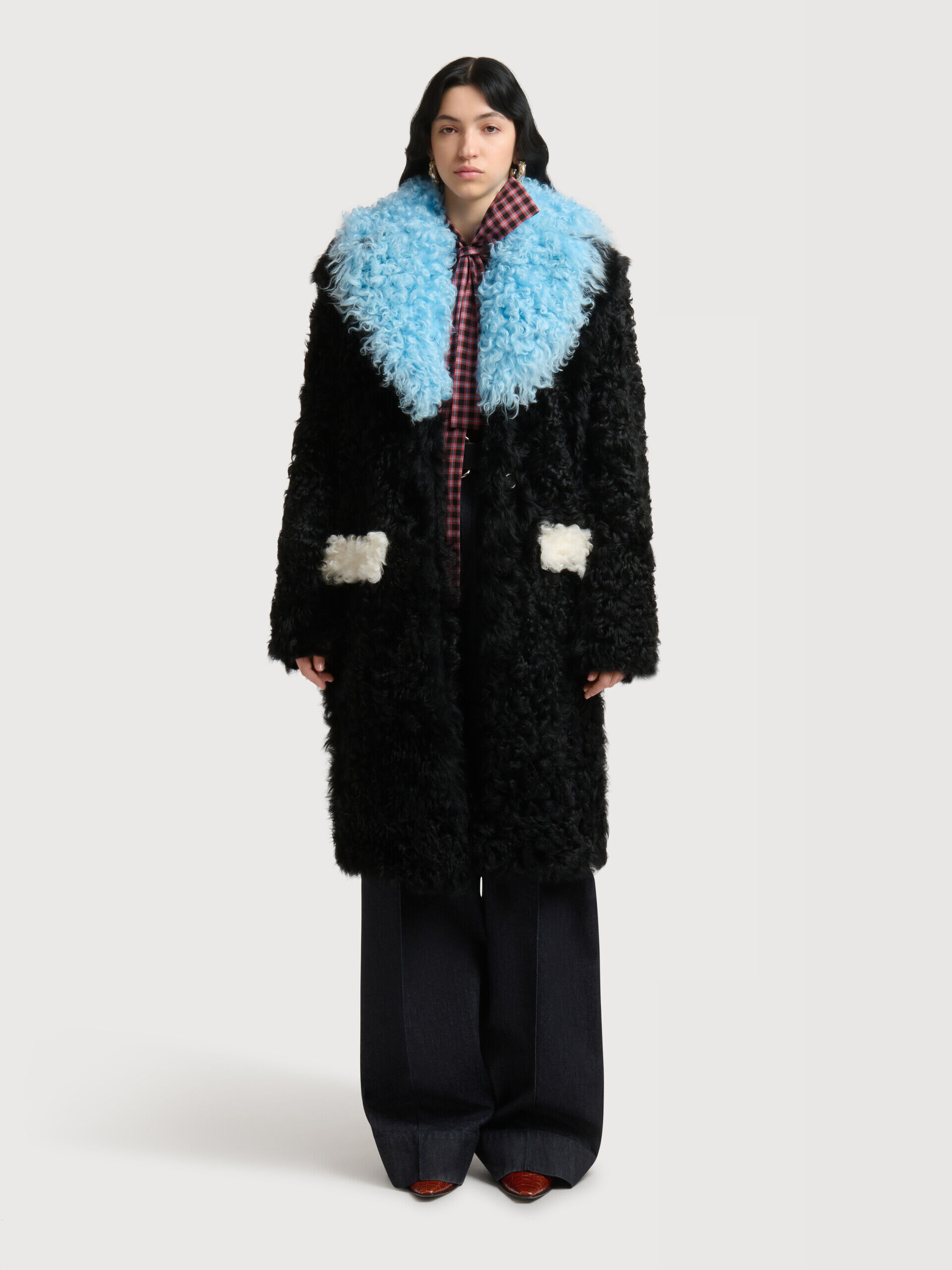 Black shearling coat with colour-block details | Marni