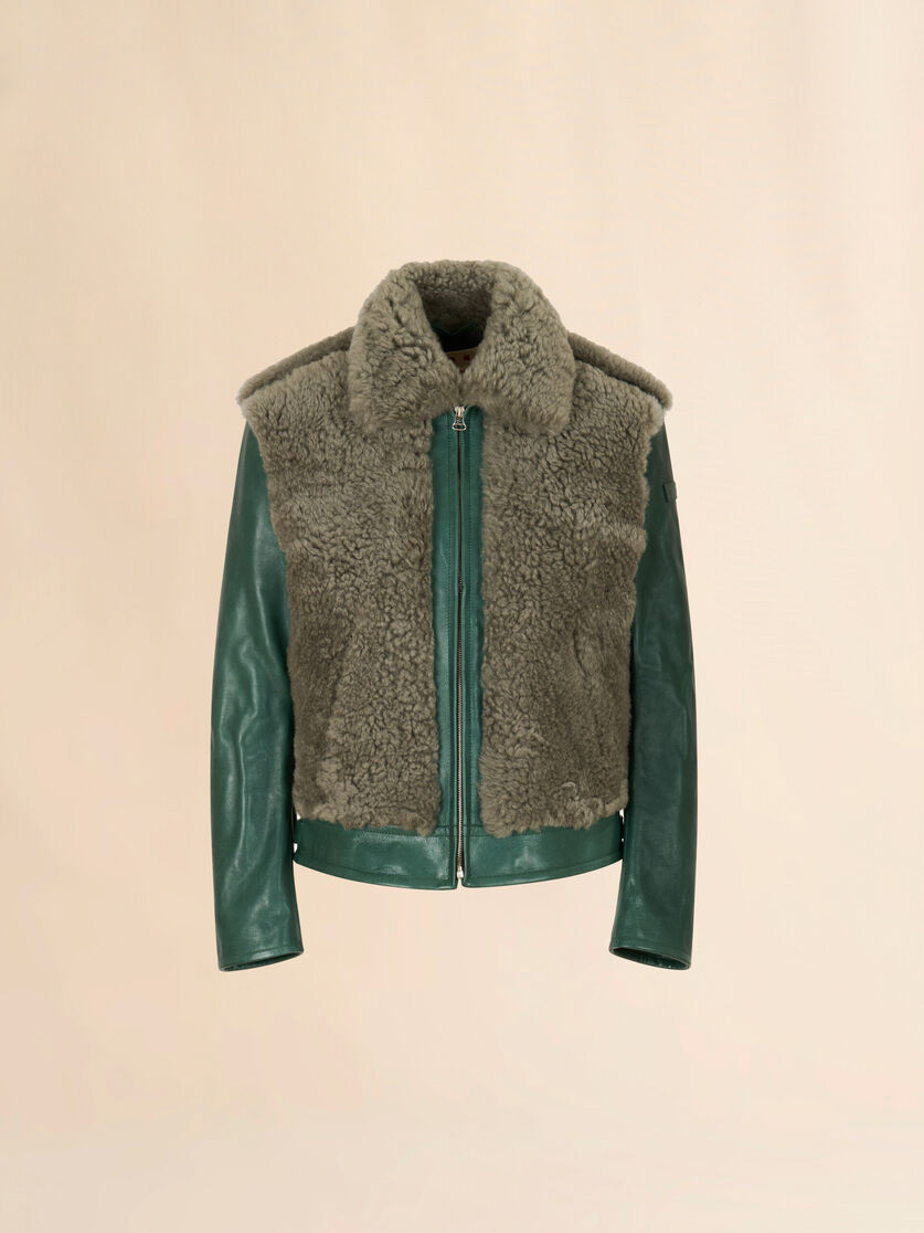 Grüne Lederjacke mit Lammfelldetails, Image 1