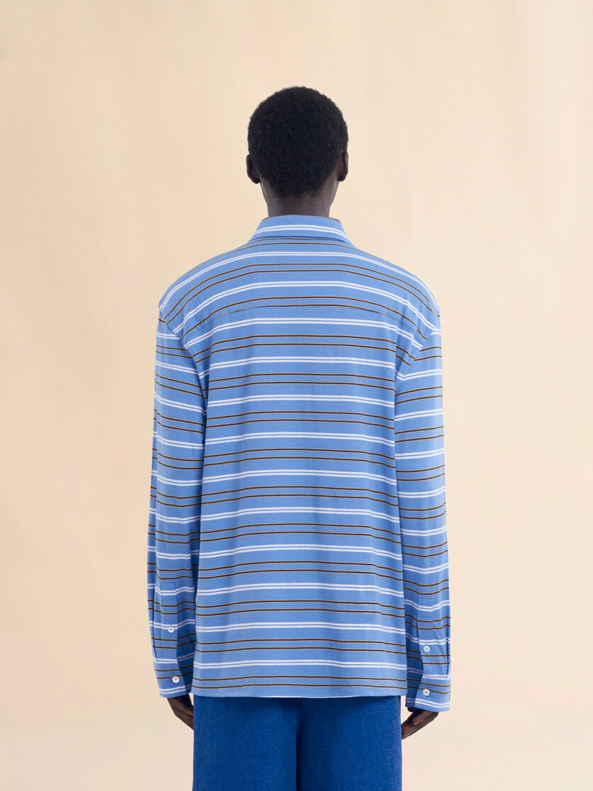 Long sleeved blue and white striped organic cotton polo shirt - Shirts - Image 3