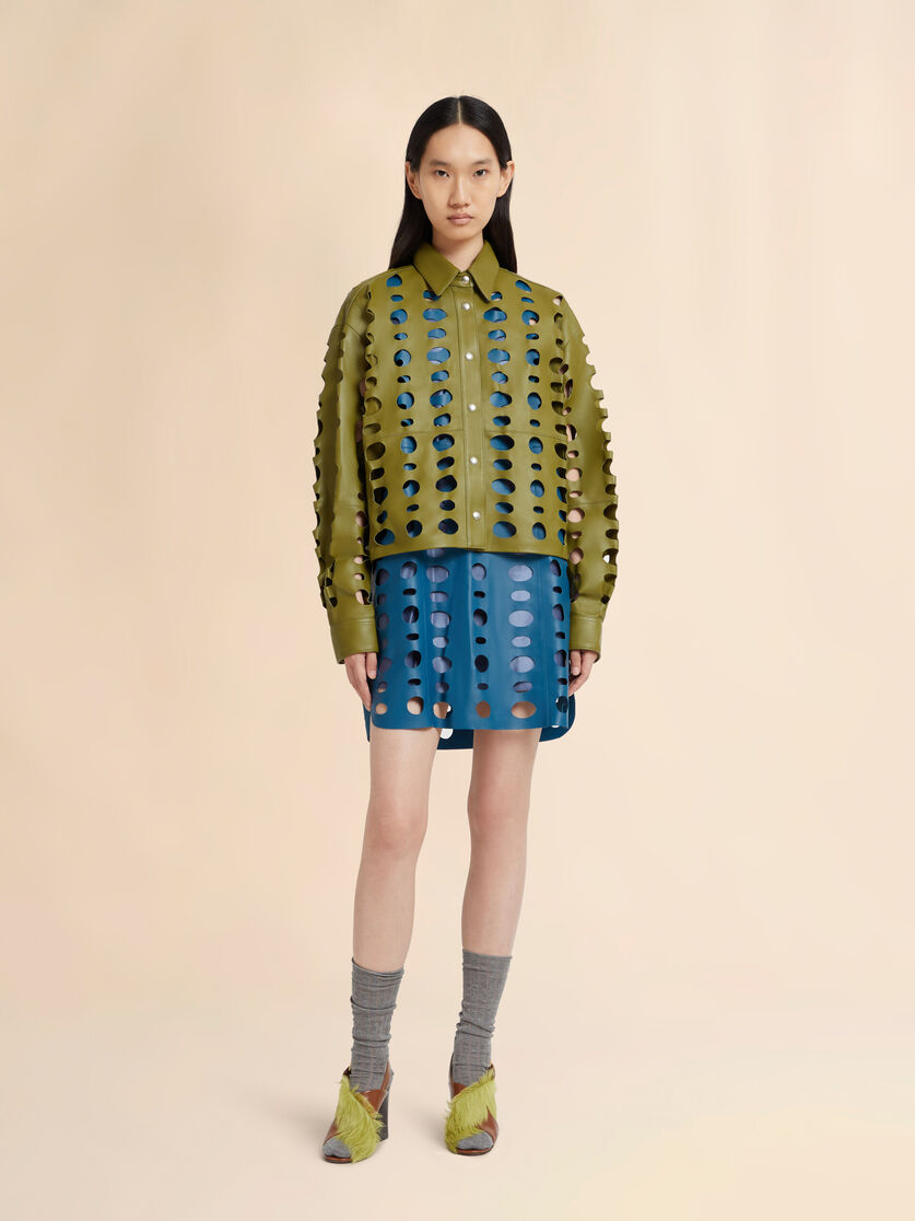 Green nappa leather shirt with cut-out detailing, Image 2