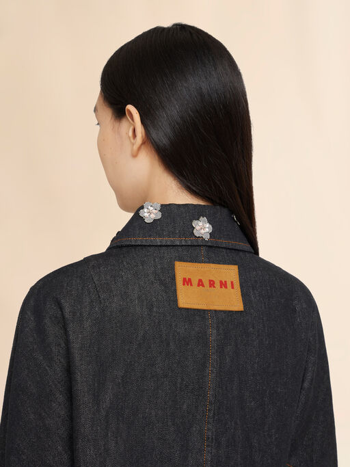 Black denim jacket with daisy appliqués - Jackets