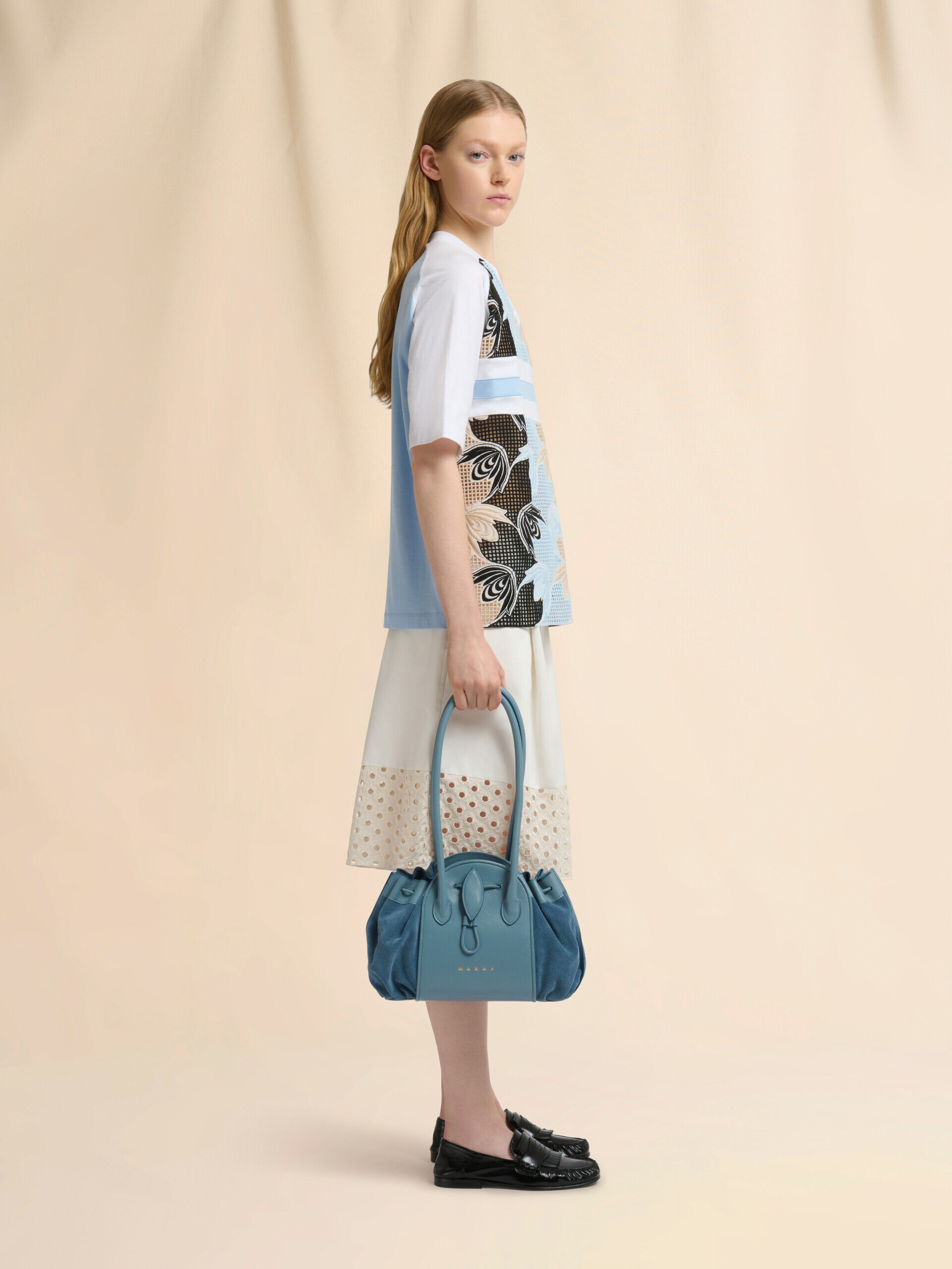 Blue leather and suede Tulipea shoulder bag | Marni