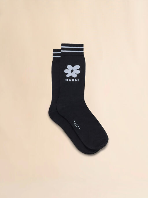 Calcetines negros de algodón con flor integrada azul celeste - Calcetines