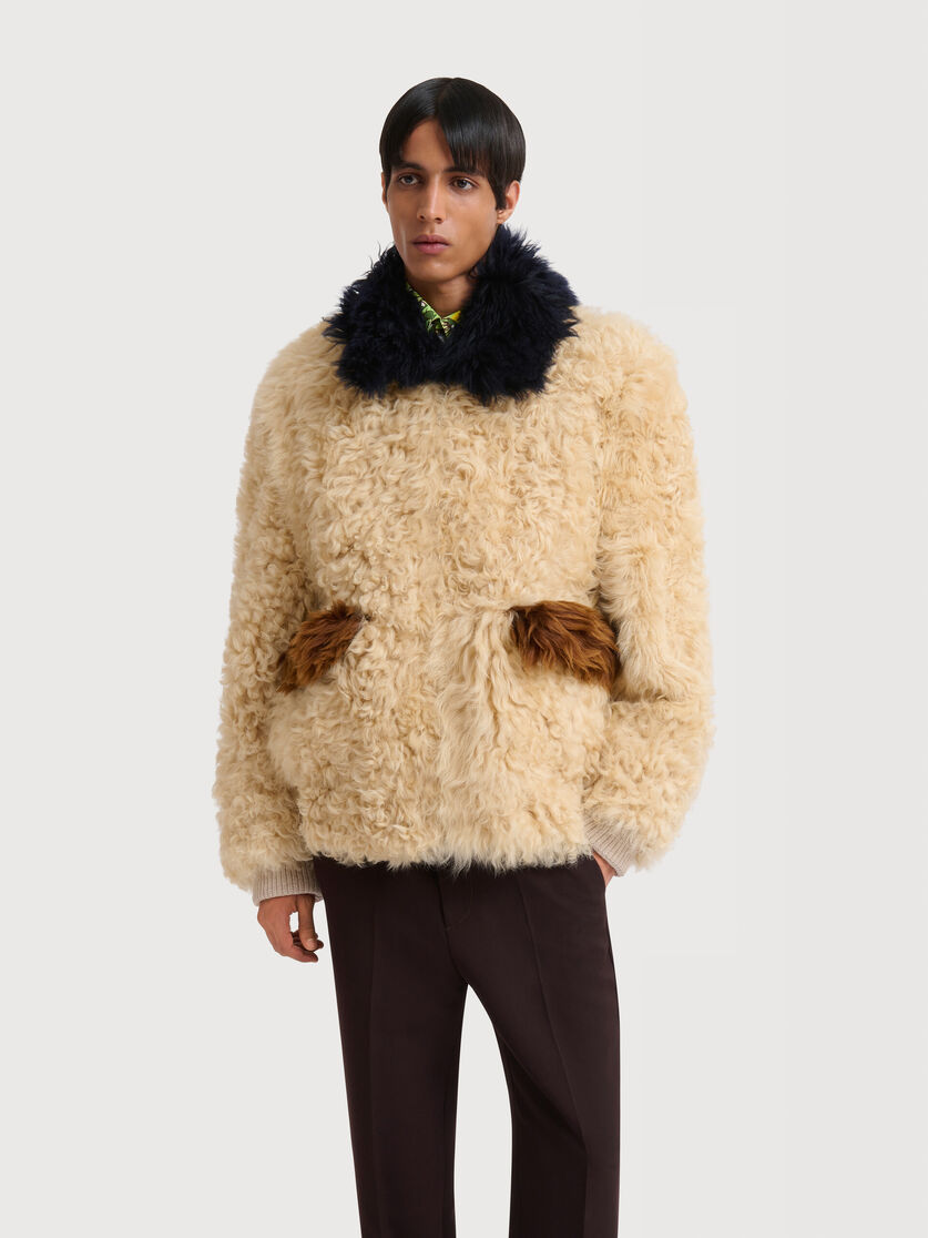 Cream shearling jacket with colour-block details, Image 2