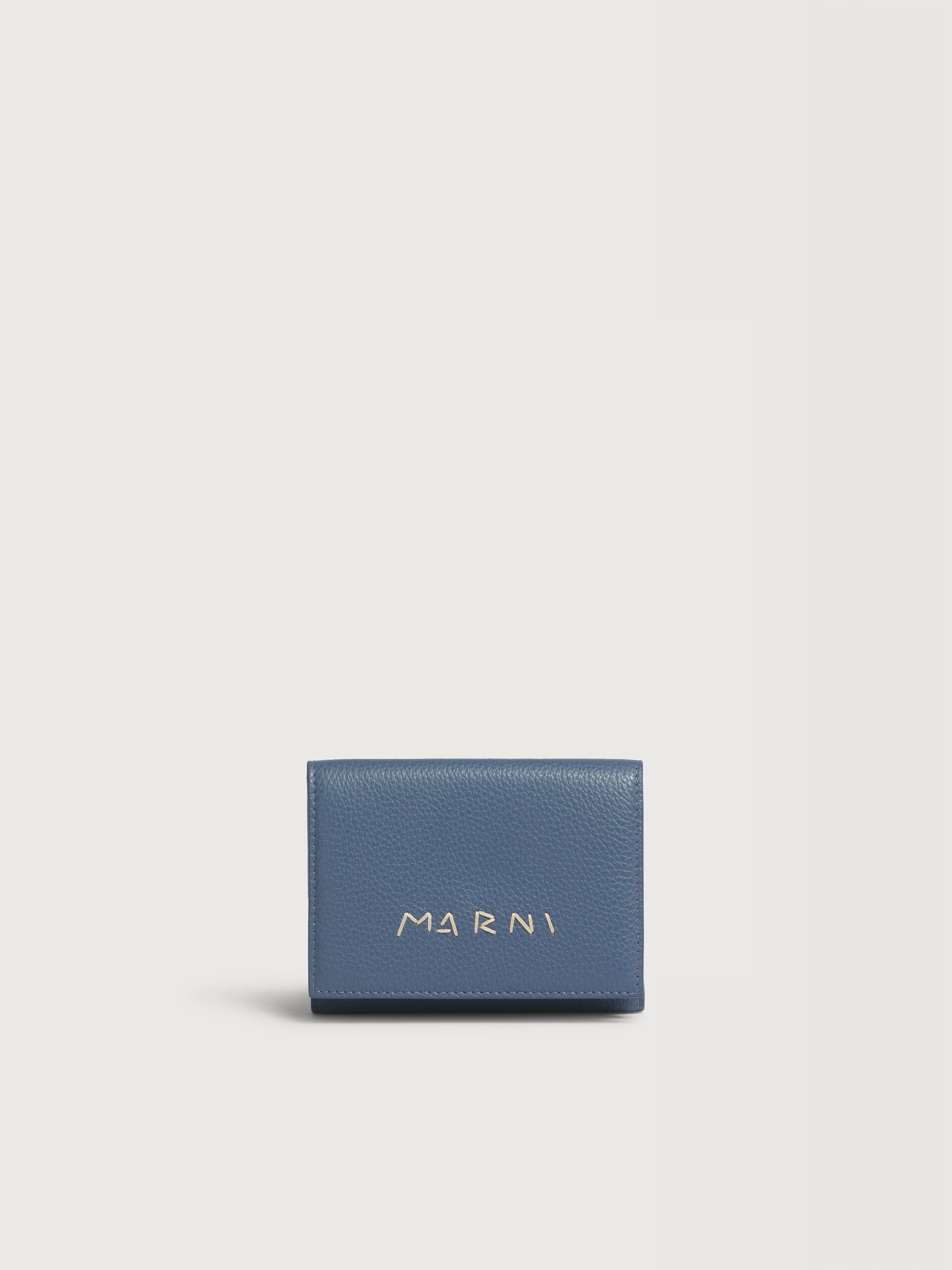 ブルー レザー製三つ折りウォレット、Marni Mending刺繍入り | Marni