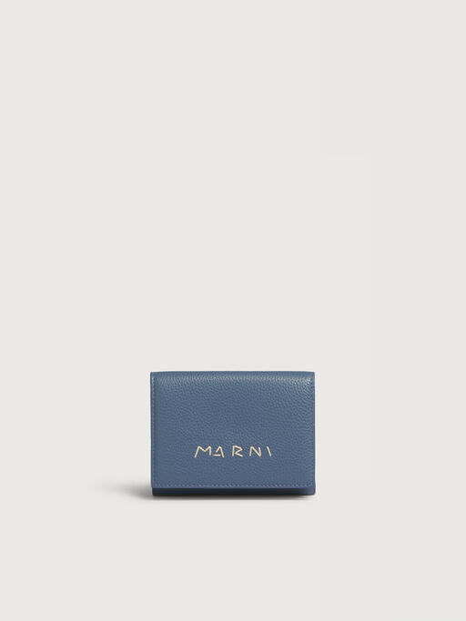 ブルー レザー製三つ折りウォレット、Marni Mending刺繍入り - 財布