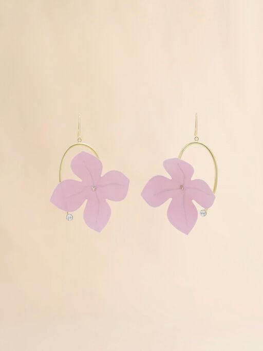 Boucles d'oreilles pendantes en popeline rose et cr&egrave;me avec fleurs - Boucles d&rsquo;oreilles