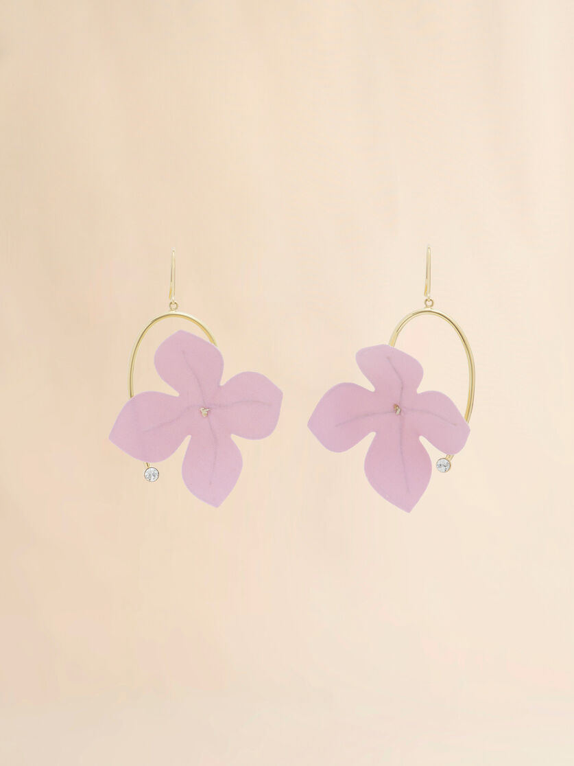 Boucles d'oreilles pendantes en popeline rose et cr&egrave;me avec fleurs, Image 1