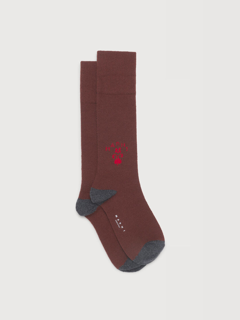 Deep brown wool-cashmere socks with heraldic logo, Image 1