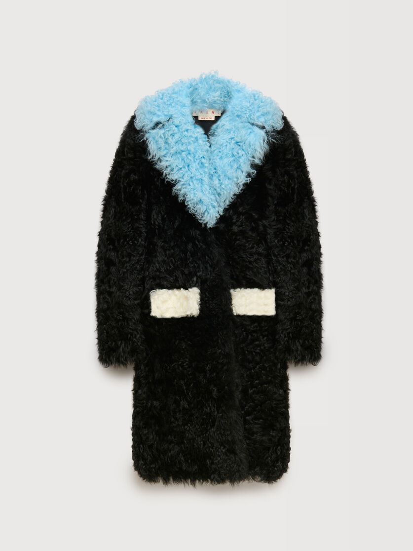 Black shearling coat with colour-block details, Image 1