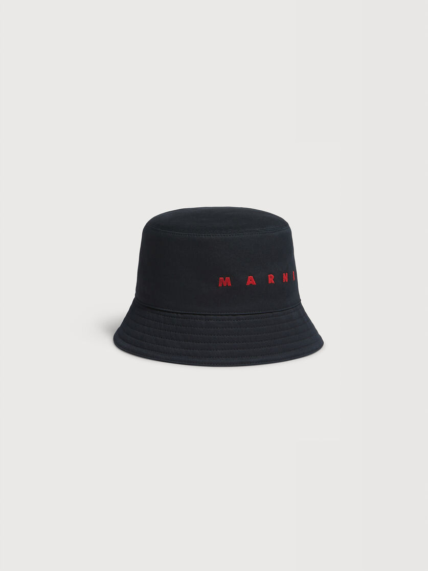 Black organic gabardine bucket hat with embroidered logo, Image 1