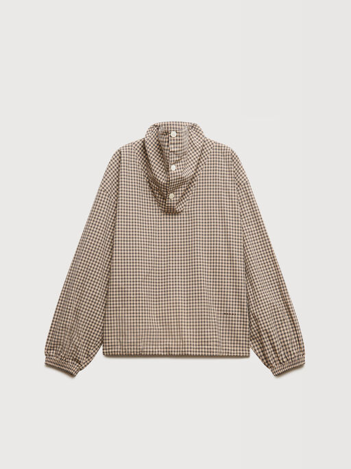 Brown checked poplin shirt with funnel neck - Shirts