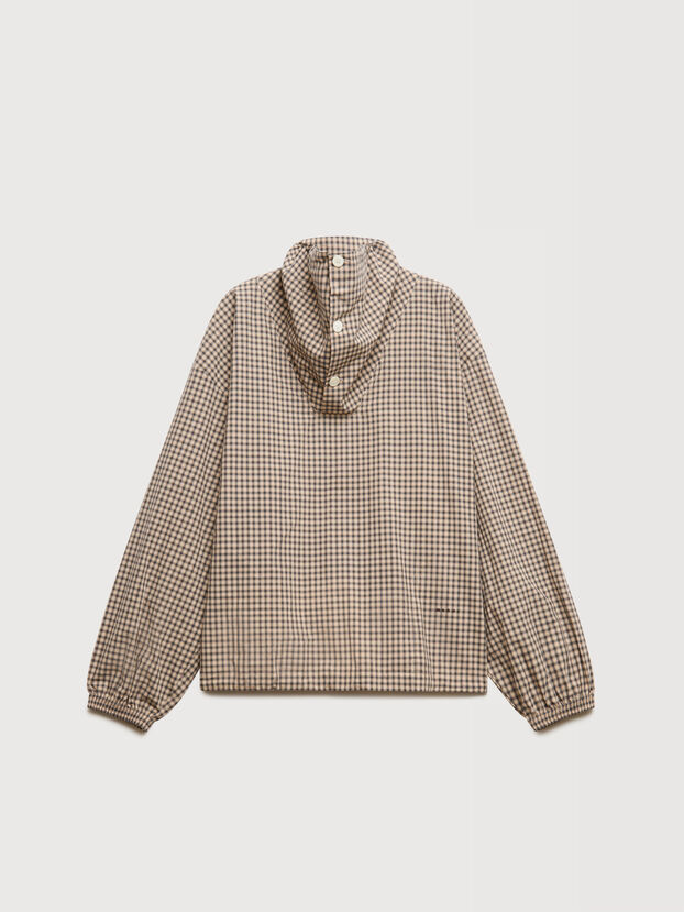 Brown checked poplin shirt with funnel neck - Shirts