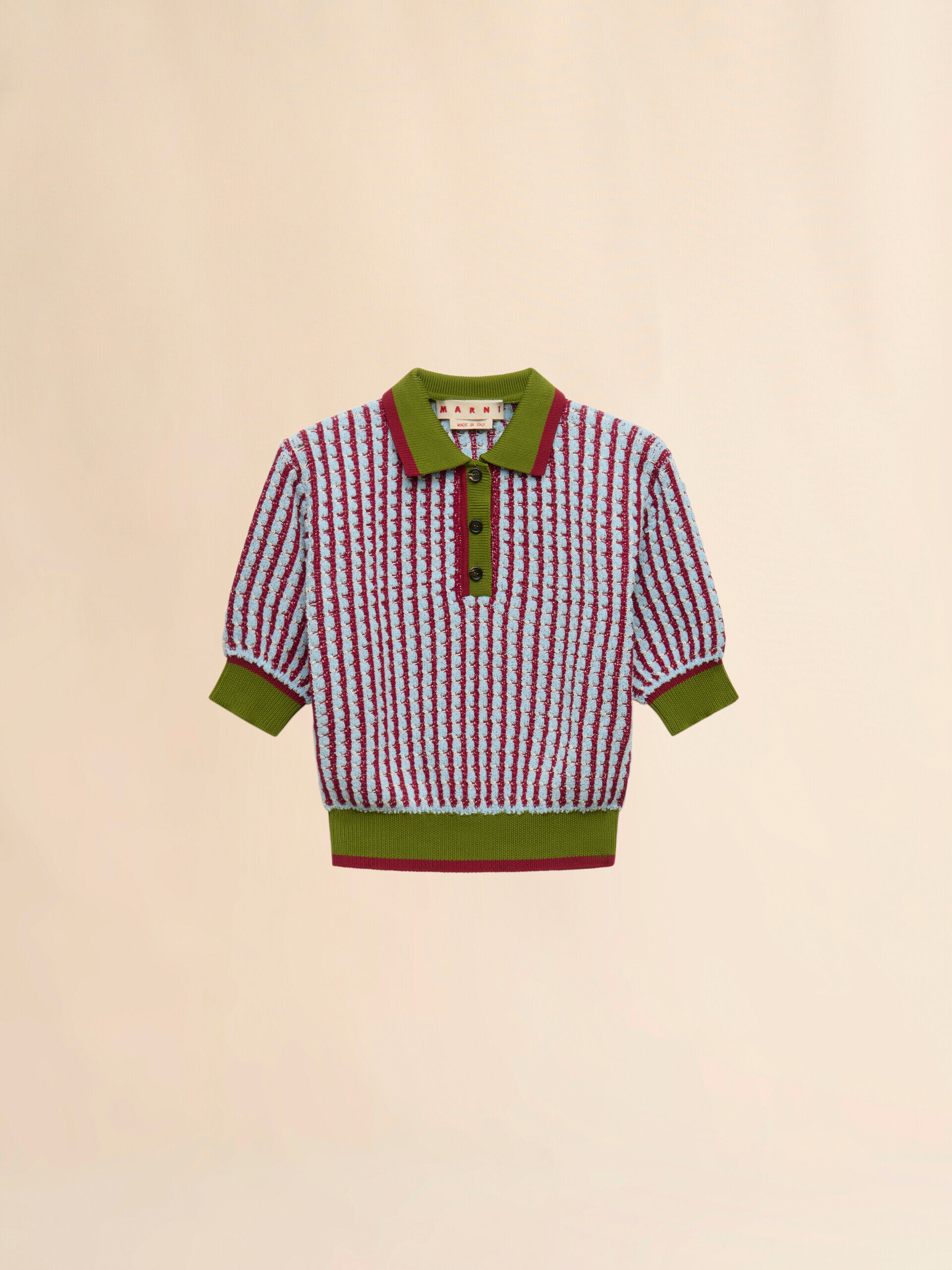 Blue and burgundy bouclé tweed-effect polo shirt | Marni