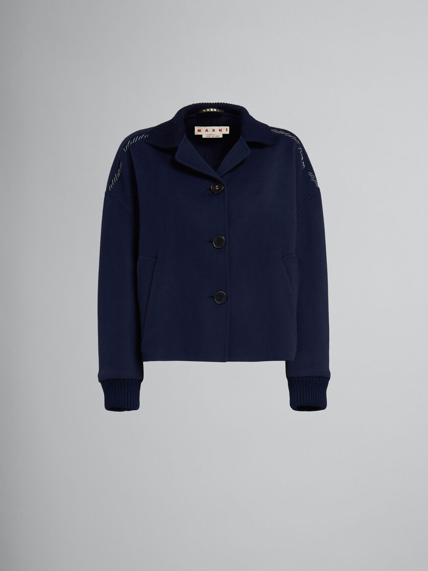 Giacca in lana e cashmere blu scuro con bordi in maglia - Giacche - Image 1