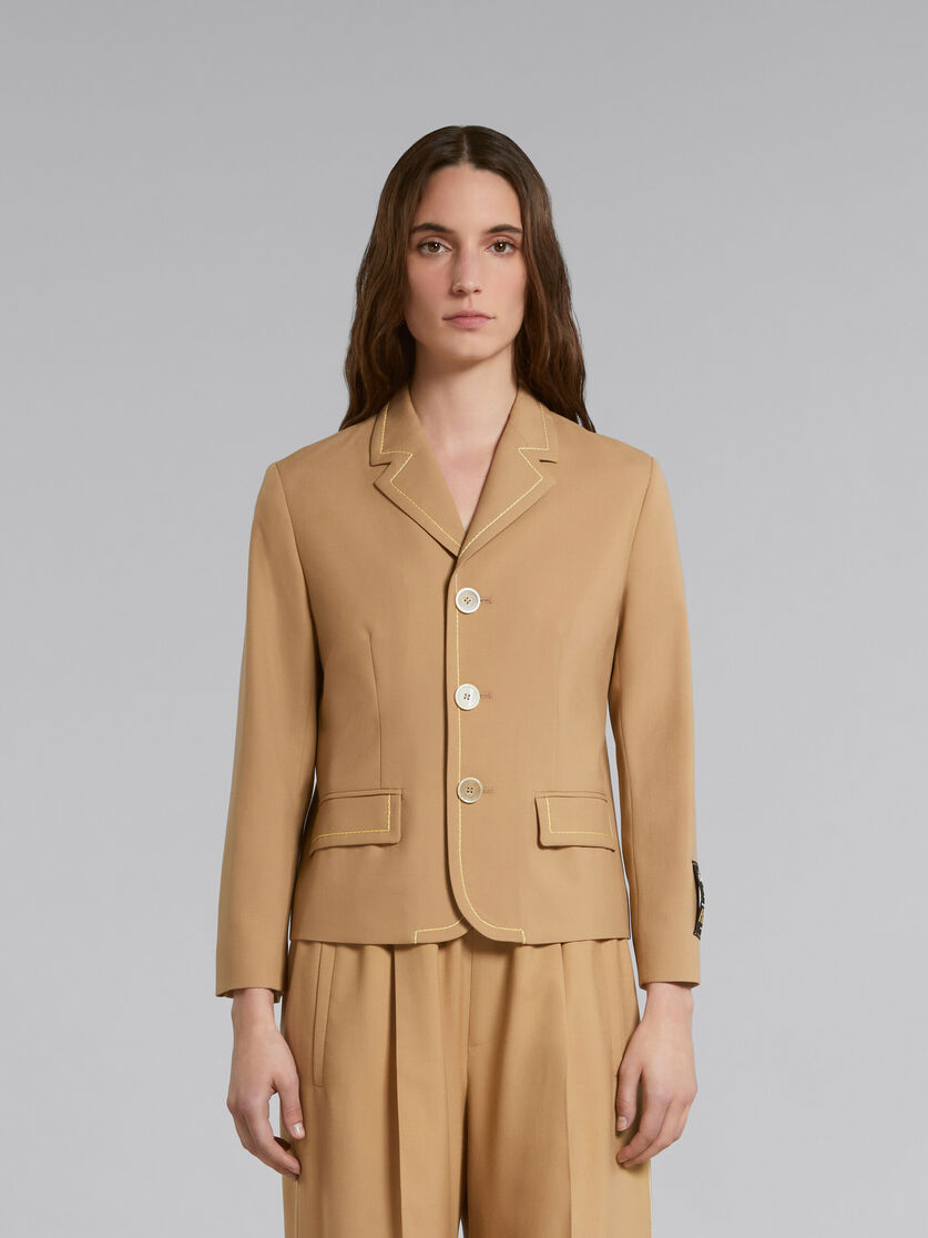 Veste en laine beige avec surpiqûres contrastantes - Manteaux - Image 2