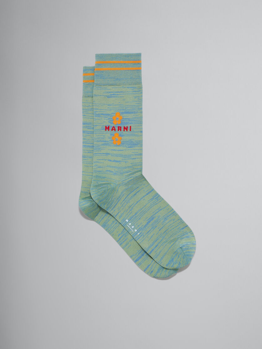 Light blue and green mouliné cotton socks with flowers - Socks - Image 1