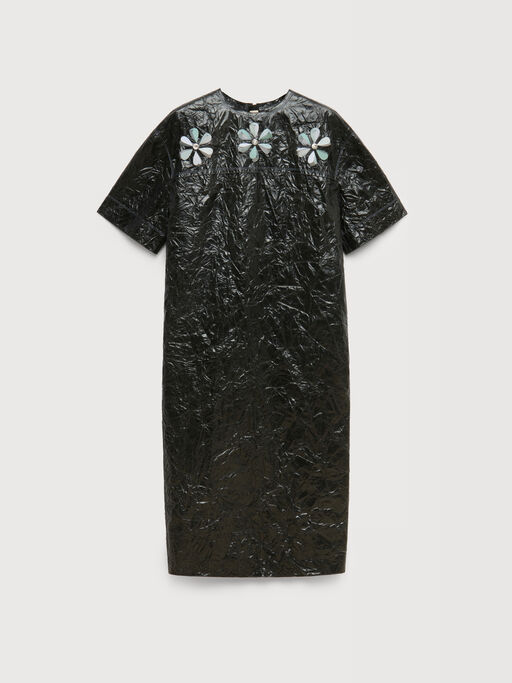 Black crinkled taffeta dress with daisy details - Dresses