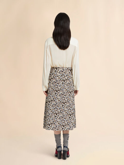Black crêpe de chine fluid skirt with Anemones print - Skirts
