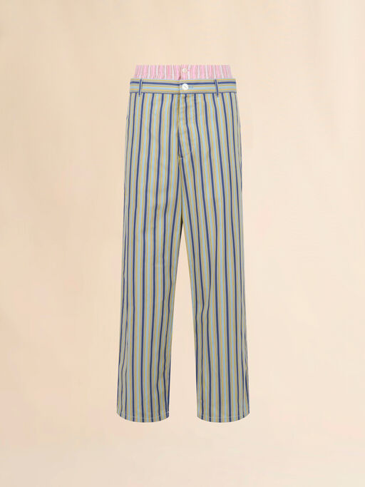Green striped poplin trousers with trompe-l&rsquo;&oelig;il effect - Pants