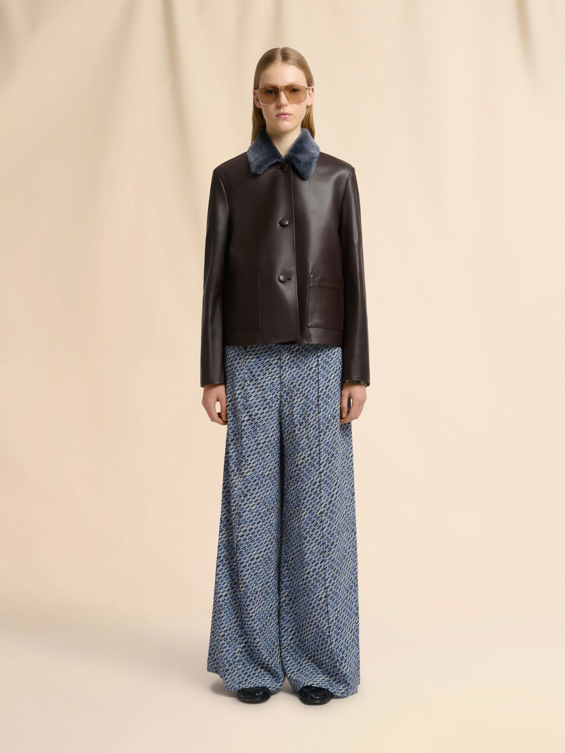 Brown nappa leather baby jacket with shearling trims | Marni