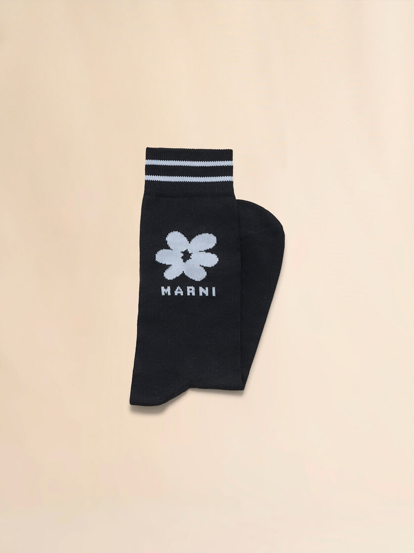Black cotton socks with light blue jacquard flower detail - Socks - Image 2
